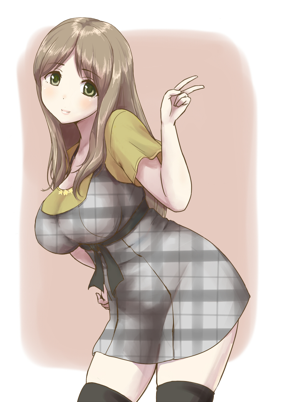 black_legwear, blush, breasts, brown_hair, dress, gohandesu_yo, green_eyes, hand_on_hip