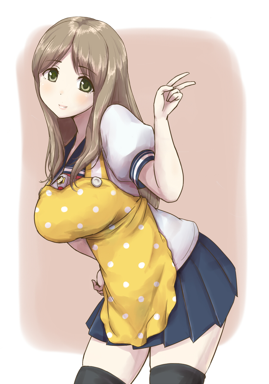apron, black_legwear, blush, breasts, brown_hair, gohandesu_yo, green_eyes, hand_on_hip