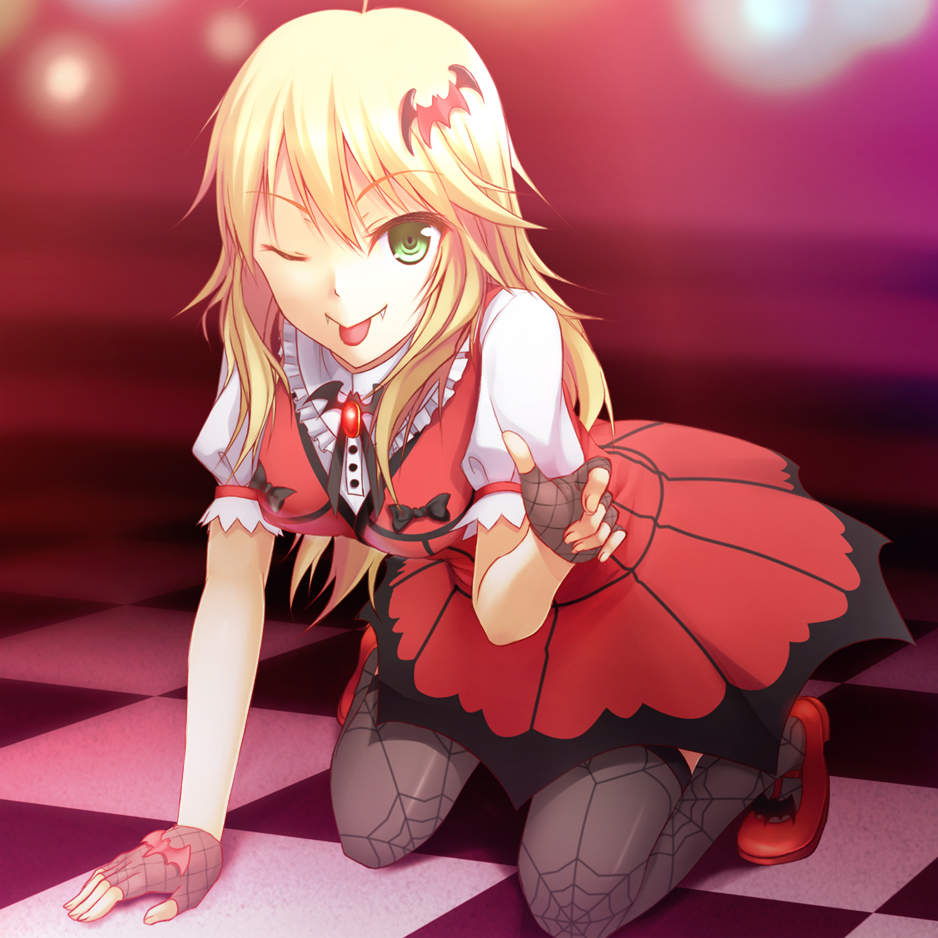 ;p, blonde_hair, dress, fangs, fingerless_gloves, gloves, green_eyes, hair_ornament
