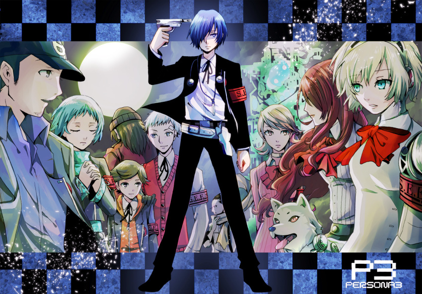 amada_ken, android, animal, aqua_hair, aragaki_shinjirou, arisato_minato, armband, blonde_hair
