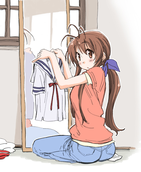 1girl, antenna_hair, blush, brown_eyes, brown_hair, clannad, furukawa_sanae, jeans