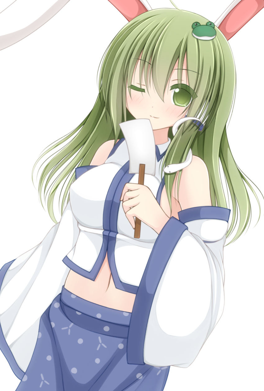 animal_ears, blush, breasts, bunny_ears, bunnyears, chimunge, detached_sleeves, frog_hair_ornament, gohei, green_eyes, green_hair, hair_ornament, hair_tubes, highres, kochiya_sanae, long_hair, skirt, smile, snake, solo, touhou, wink