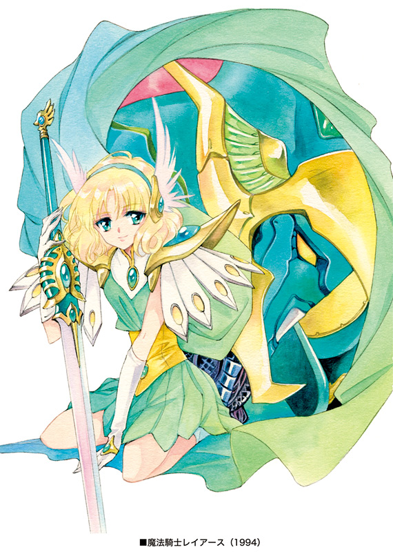 1girl, 90s, agahari, armor, blonde_hair, closed_mouth, elbow_gloves, gloves, green_eyes, hairband, hououji_fuu, kneeling, looking_at_viewer, magic_knight_rayearth, mecha, pleated_skirt, short_hair, shoulder_armor, skirt, smile, solo, sword, title_drop, weapon, windam, winged_hairband