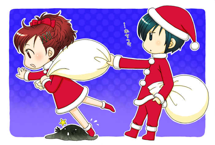 1boy, 1girl, arisato_minato, atlus, blue_hair, bow, brown_hair, chibi