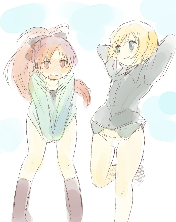 blonde_hair, blush, bottomless, bow, covering, covering_crotch, crossover, embarrassed