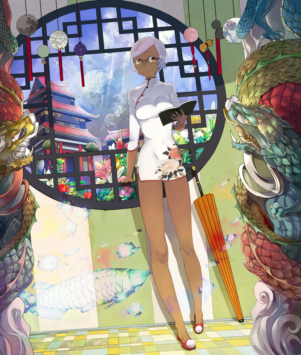 arowana, book, china_dress, chinese_clothes, closed_umbrella, dark_skin, dragon, fish
