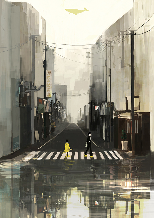 1girl, black_hair, hood, naga-no, original, raincoat, reflection, short_hair
