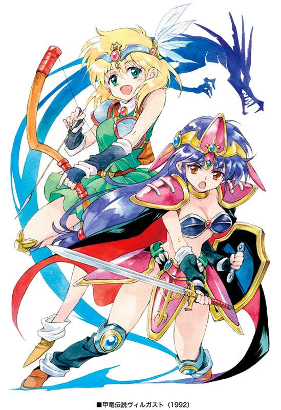 2girls, 90s, agahari, armor, bikini_armor, blonde_hair, blue_hair, bow_(weapon)