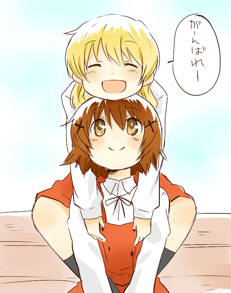 bench, blonde_hair, brown_eyes, brown_hair, closed_eyes, eyes_closed, hair_ornament, hairclip