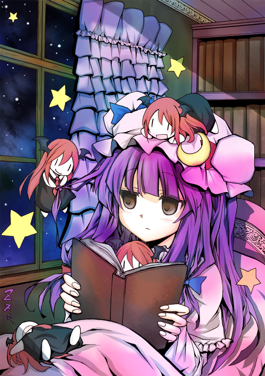 :d, artist_request, bat_wings, book, bookshelf, bow, brown_eyes, chibi