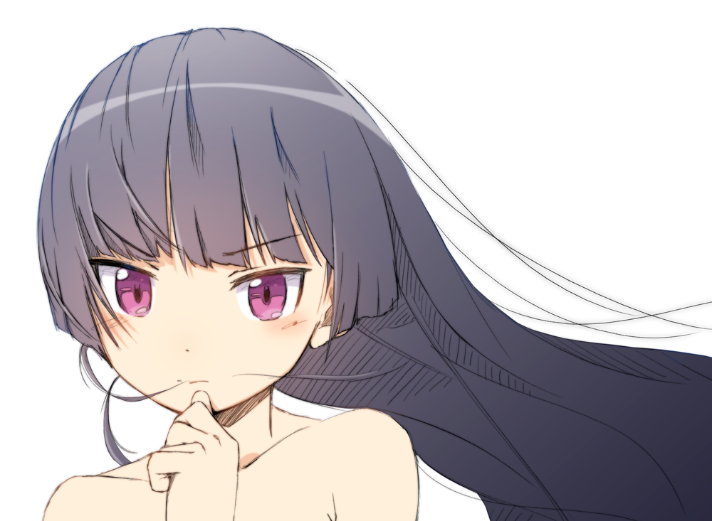 black_hair, blush, face, finger_to_mouth, gokou_ruri, hair_in_mouth, hime_cut, long_hair