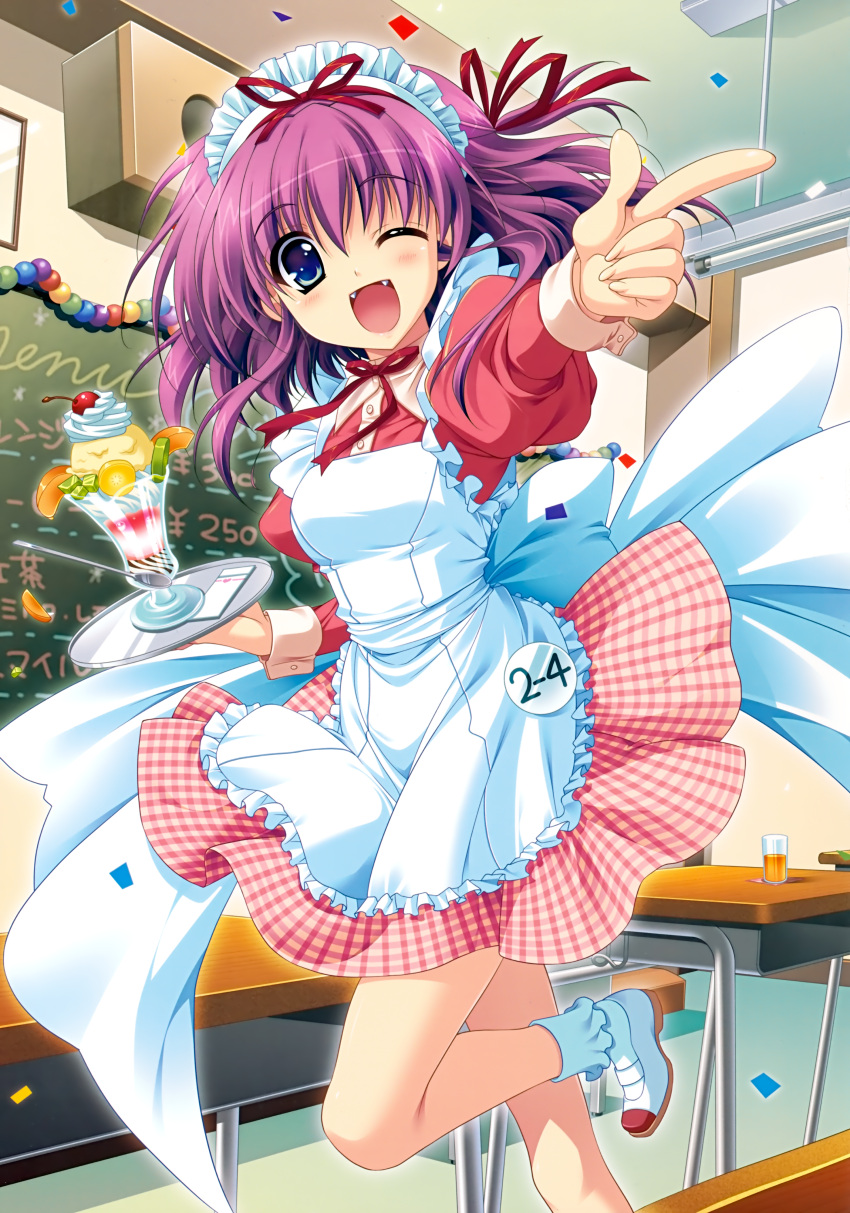 :d, ;d, absurdres, blue_eyes, chalkboard, copyright_request, fang, fangs, higa_yukari, highres, maid_headdress, open_mouth, parfait, purple_hair, school_festival, smile, table, tray, waitress, wink
