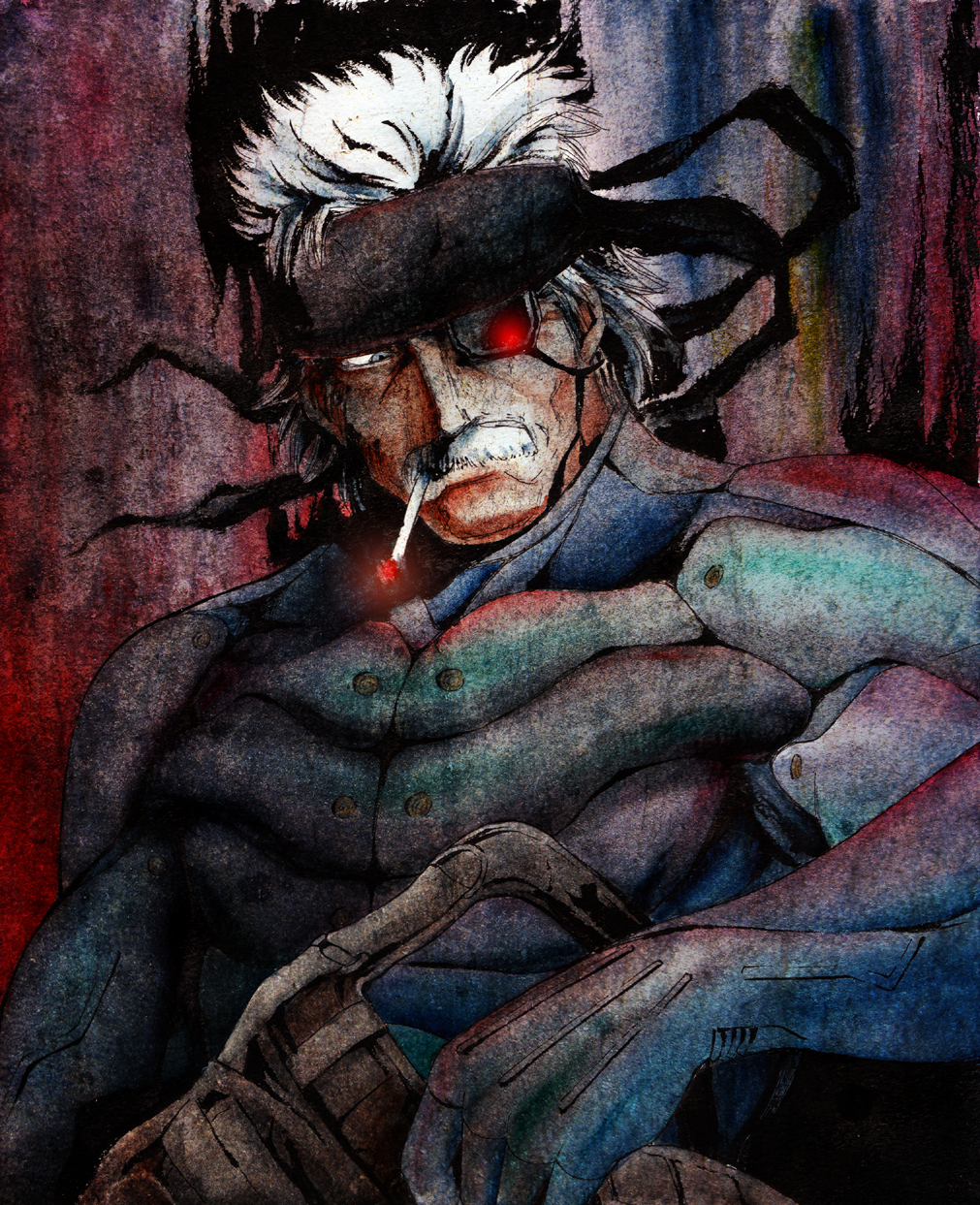 bandanna, bouzu_atama, cigarette, eyepatch, facial_hair, headband, highres, load_bearing_vest