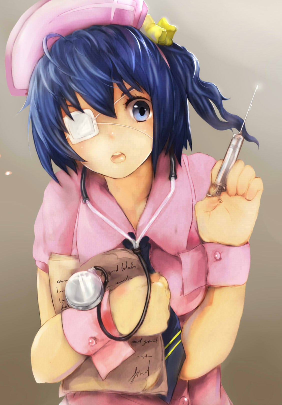blue_eyes, blue_hair, chuunibyou_demo_koi_ga_shitai!, darwinwu, eyepatch, hat, highres, nurse