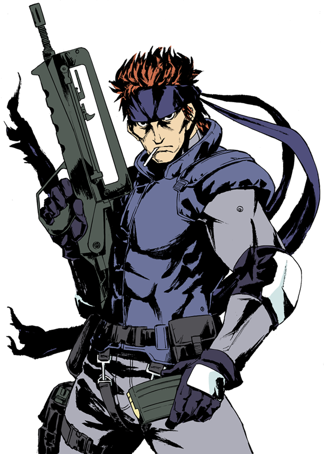 assault_rifle, bouzu_atama, brown_hair, bullpup, cigarette, elbow_pads, famas, gloves