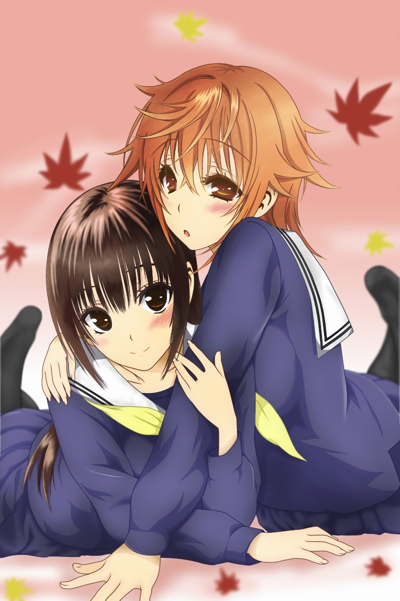 black_legwear, brown_eyes, brown_hair, highres, inushi, koisome_momiji, leaf, maple_leaf