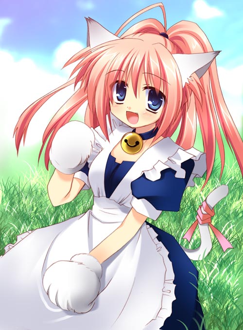 animal_ears, bell, blue_eyes, cat_ears, cat_tail, choker, izumi_makoto, jingle_bell, long_hair, maid, melody_sinclair, open_mouth, paws, ribbon, smile, solo, tail, yuukyuu_gensoukyoku