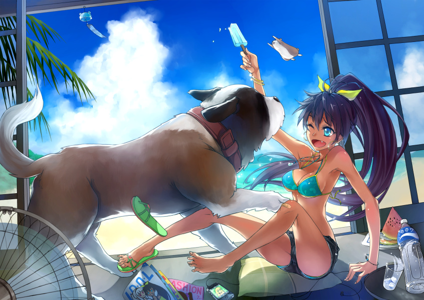 absurdres, antenna_hair, arm_up, bandaid, bare_legs, bare_shoulders, barefoot, bikini