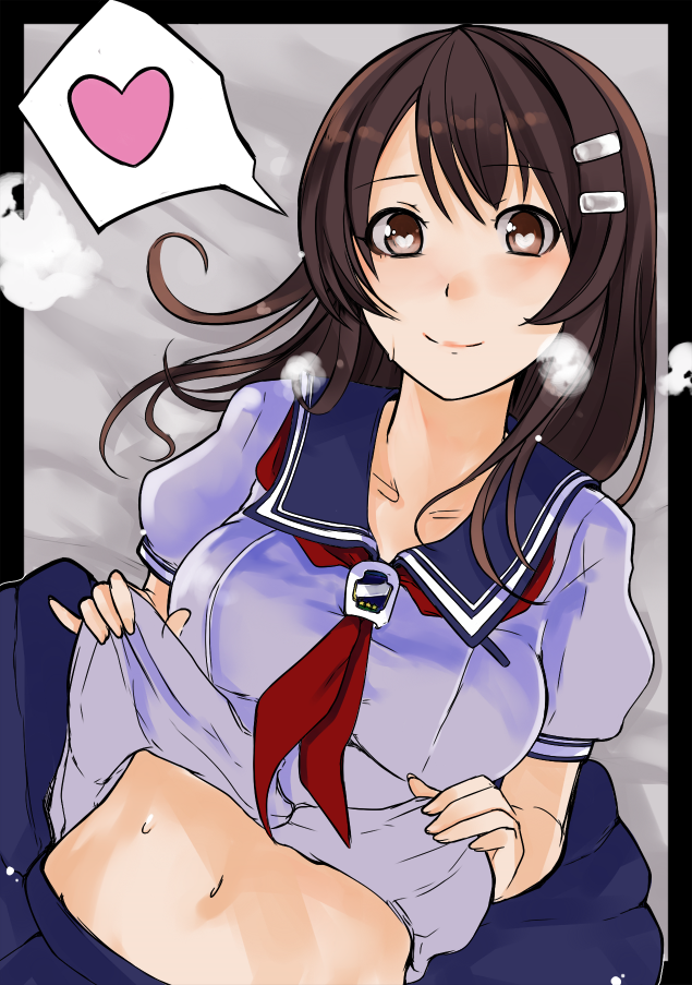 border, brown_eyes, brown_hair, collarbone, hair_ornament, hairclip, heart, heart-shaped_pupils, heavy_breathing, long_hair, midriff, navel, nerotarou@seven, niimi_haruka_(photokano), photokano, school_uniform, shirt_lift, solo, symbol-shaped_pupils