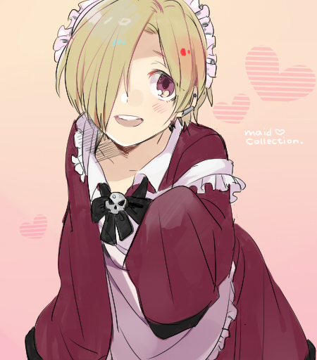annmitu89, apron, blonde_hair, blush, brown_eyes, earrings, face, hair_over_one_eye