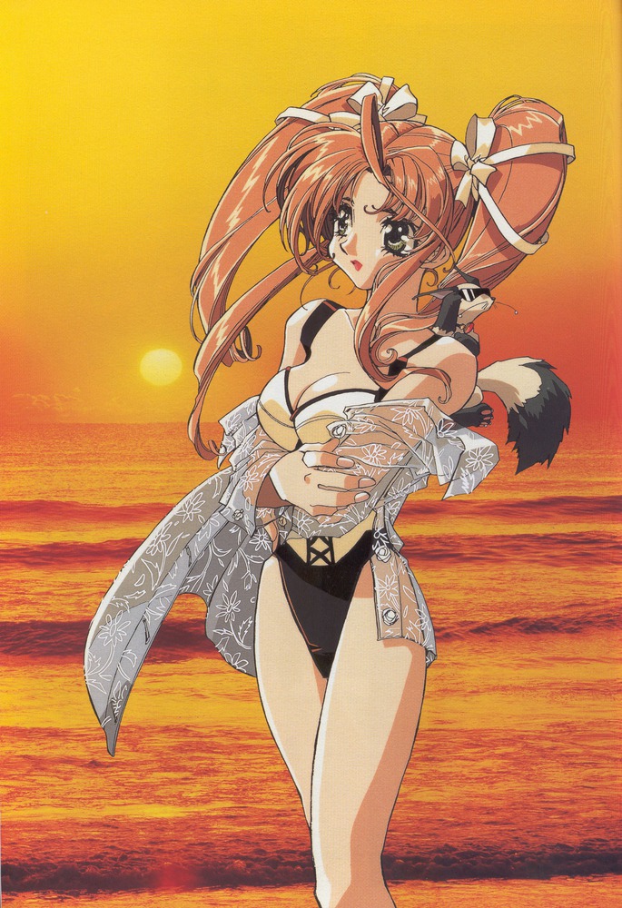 90s, crossed_arms, ferret, green_eyes, hair_ribbon, ishida_atsuko, japolo, long_hair, official_art, orange_hair, ribbon, shamanic_princess, sunset, swimsuit, tiara_(shamanic_princess), twintails, water