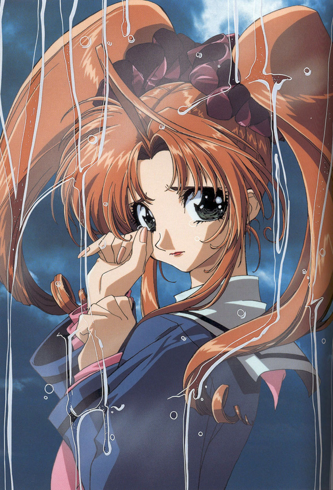 90s, ahoge, blue_background, brown_hair, green_eyes, ishida_atsuko, long_hair, official_art, sad, school_uniform, scrunchie, serafuku, shamanic_princess, solo, tears, tiara_(shamanic_princess), twintails