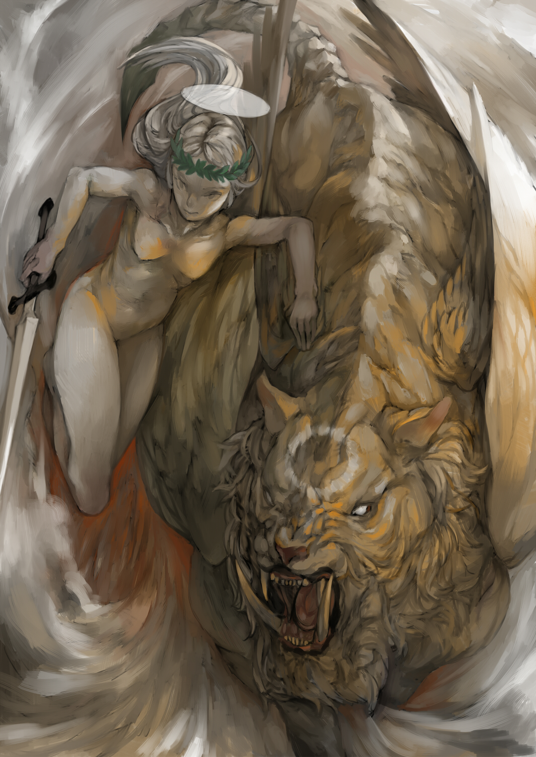 fairy, halo, highres, laurel_crown, nude, original, sabretooth_tiger, solo, sword, tiger, totoya_yuu, weapon
