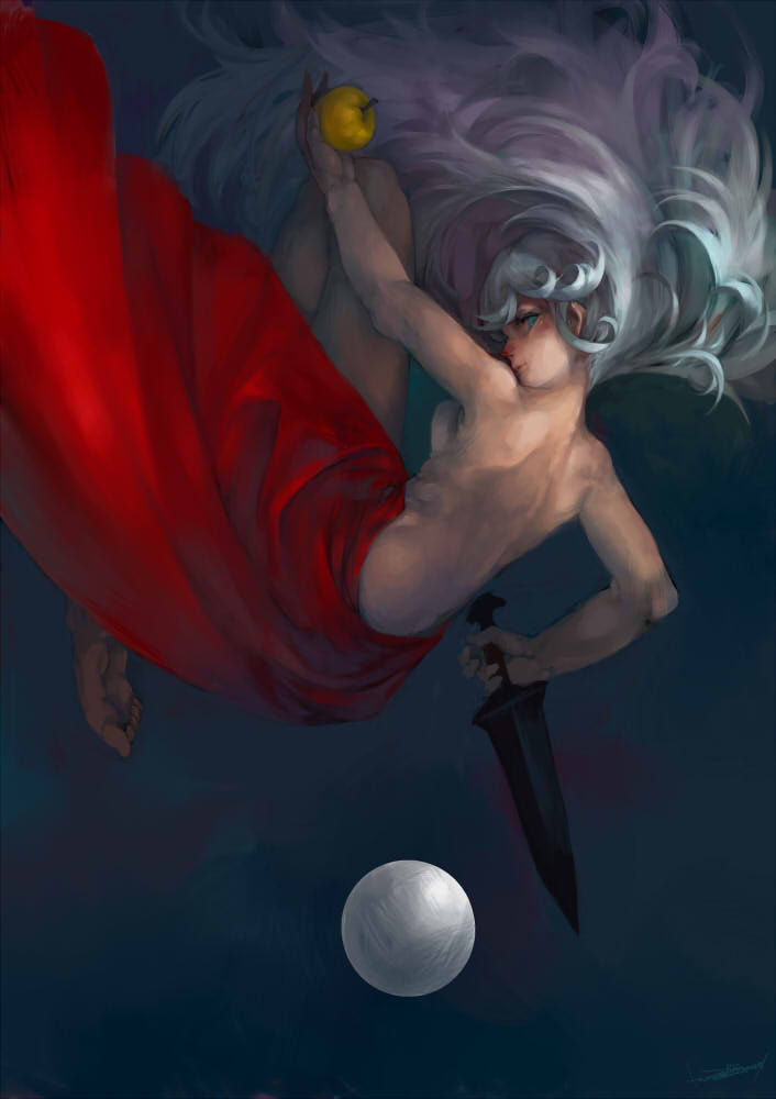 apple, back, blue_eyes, dagger, dress, food, fruit, looking_back