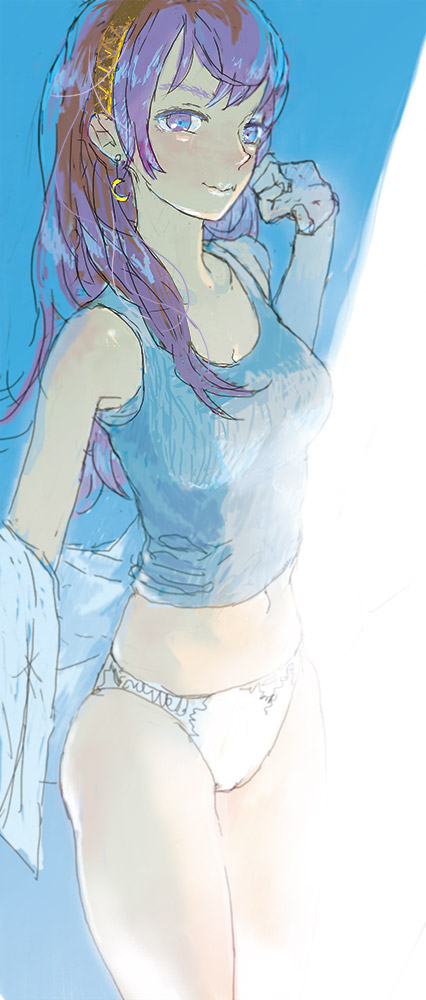 aqua_eyes, bare_shoulders, blue, blush, crescent, dressing, earrings, hairband