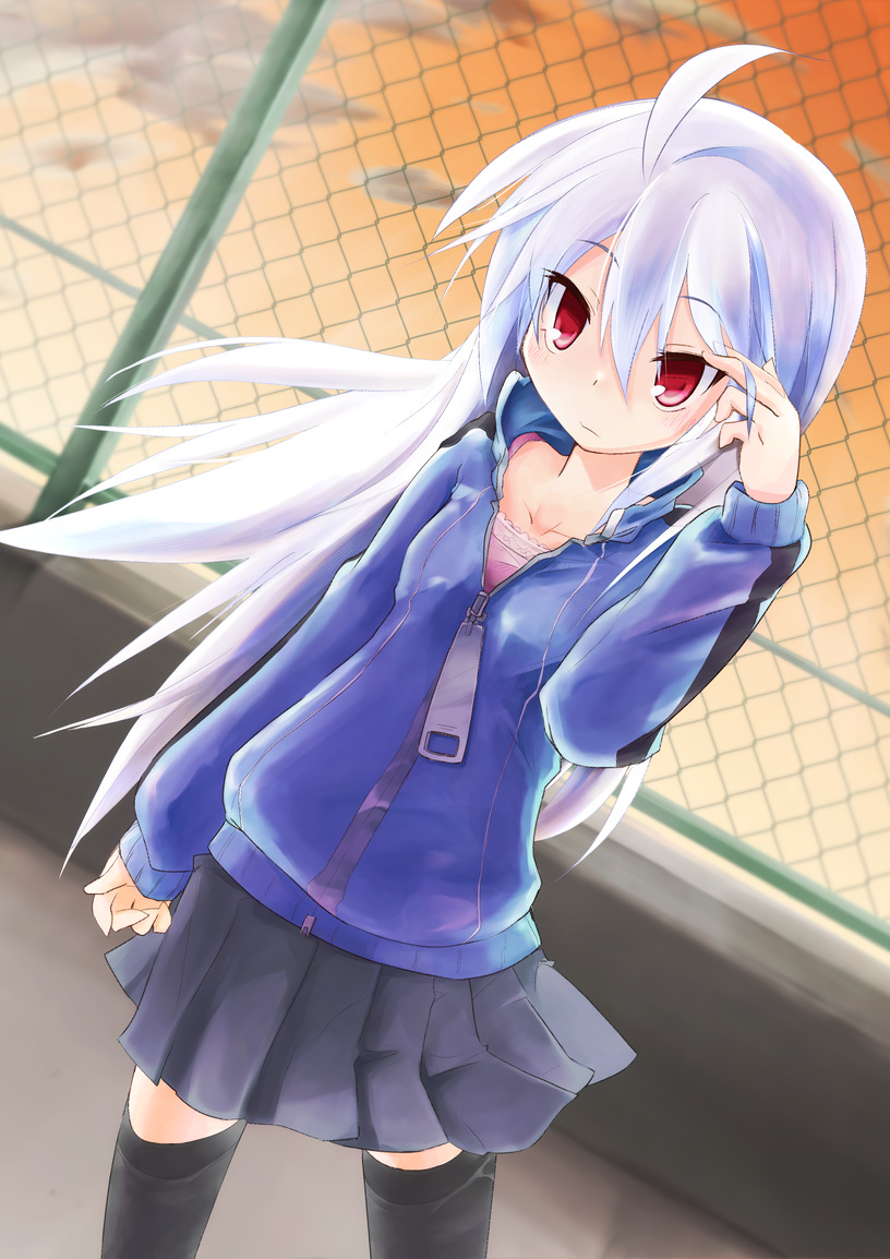 ahoge, black_legwear, fuka_mizno, long_hair, open_clothes, open_jacket, red_eyes, silver_hair