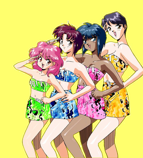 90s, aozora_shoujotai, black_hair, blue_eyes, blue_hair, brown_eyes, collarbone, dark_skin, hand_on_hip, haneda_miyuki, lineup, mitaka_arisa, multiple_girls, pink_eyes, pink_hair, purple_hair, saginomiya_sakura, salute, shimorenjaku_youko, short_hair, skirt, smile, tubetop, yellow_background