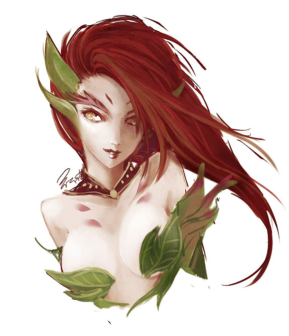 aa2233a, bare_shoulders, breasts, collar, extra_ears, jewelry, leaf, league_of_legends