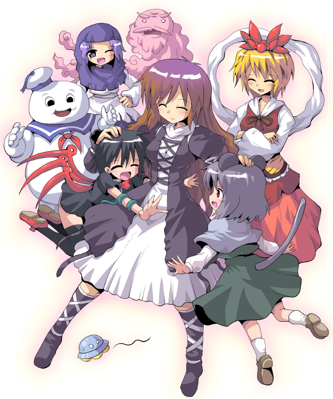 black_hair, black_legwear, black_thighhighs, blonde_hair, blue_eyes, blue_hair, cloud, clouds