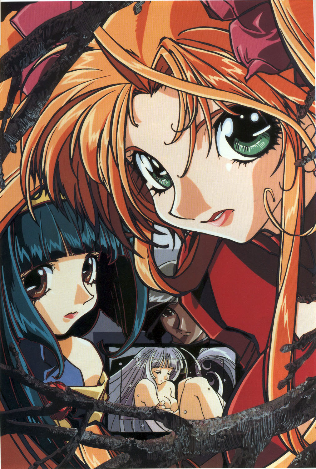 3girls, 90s, black_hair, brown_eyes, closed_eyes, eyes_closed, green_eyes, green_hair