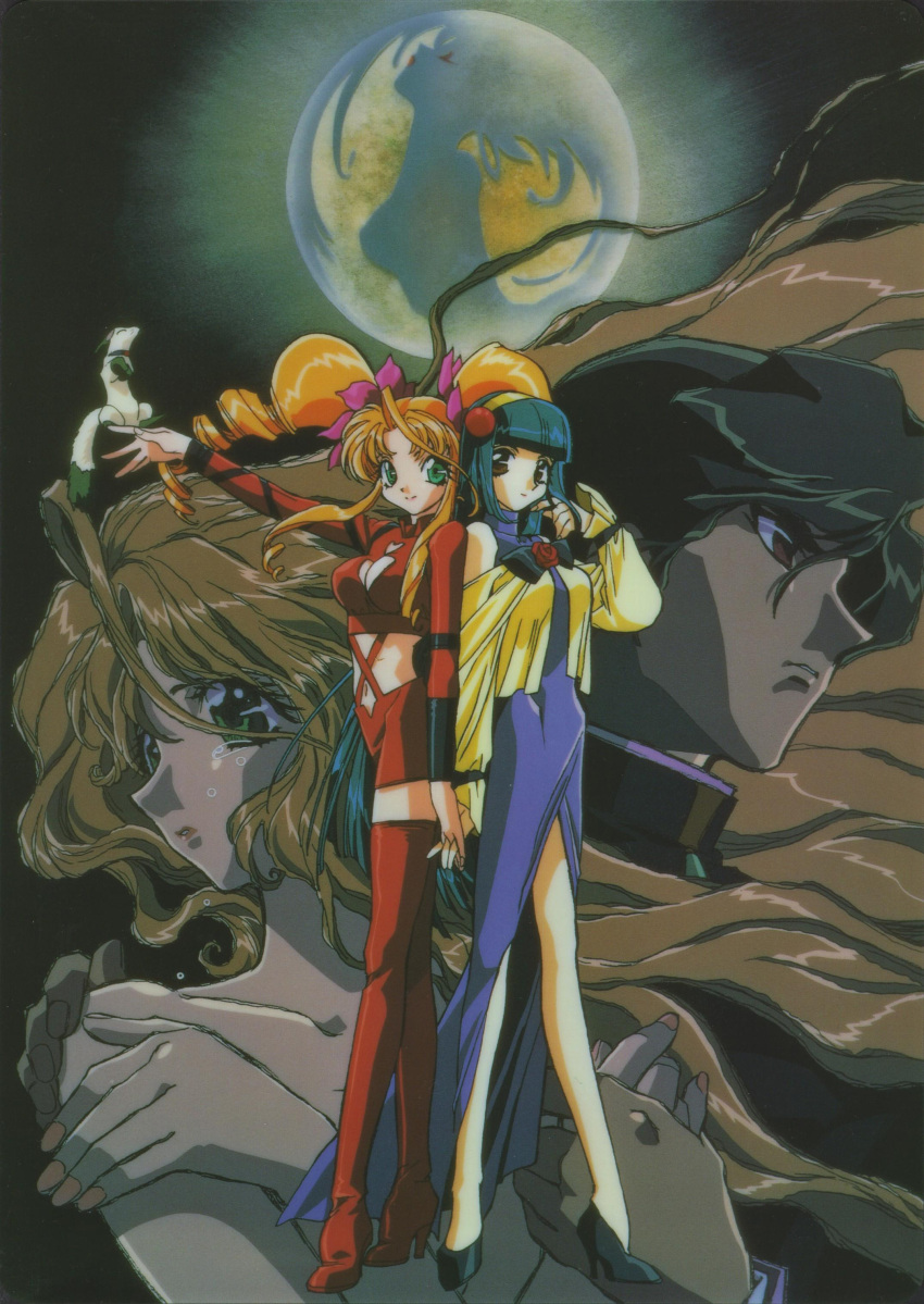 2girls, 90s, absurdres, boots, dress, ferret, flower, green_hair