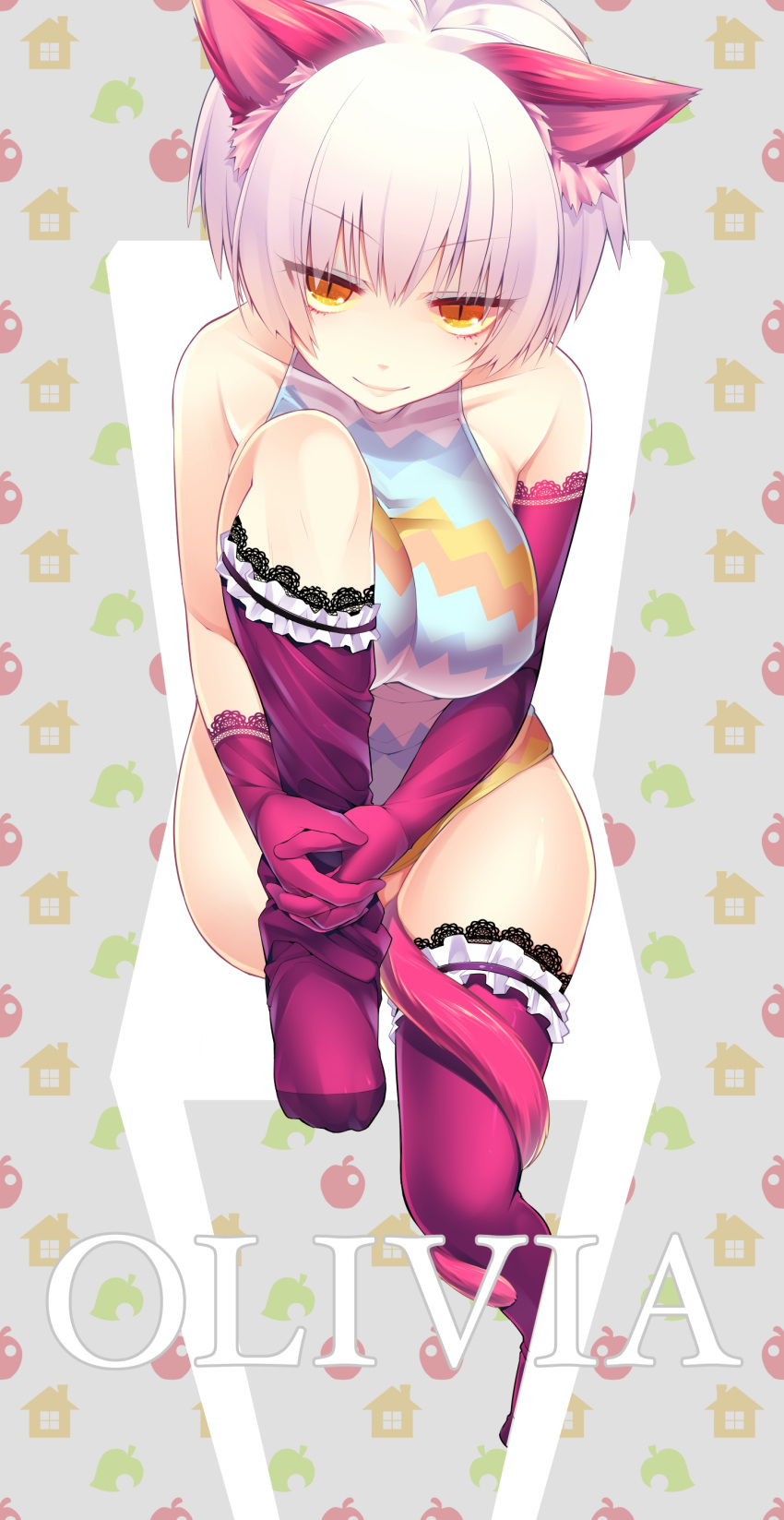 absurdres, animal_crossing, animal_ears, breasts, cat_ears, cat_tail, chair, elbow_gloves, giuniu, gloves, highres, leg_hug, mole, olivia_(animal_crossing), personification, purple_legwear, revision, short_hair, silver_hair, sitting, slit_pupils, smile, solo, tail, thigh-highs, thighhighs, yellow_eyes