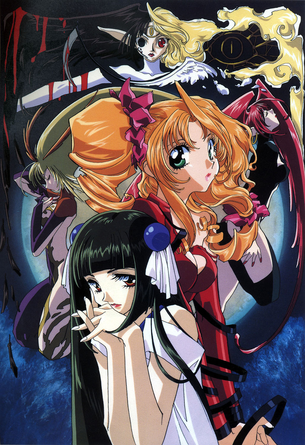 90s, black_eyes, black_hair, blonde_hair, blood, brown_eyes, facial_mark, forehead_mark