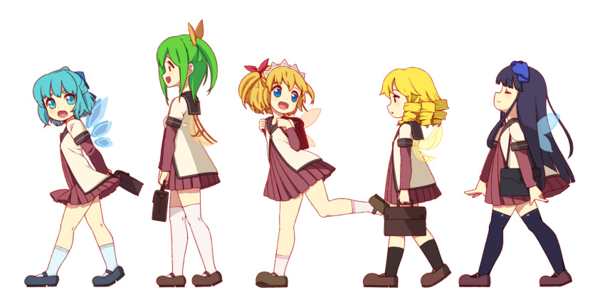 absurdres, backpack, bag, black_hair, blonde_hair, blue_hair, child, cirno