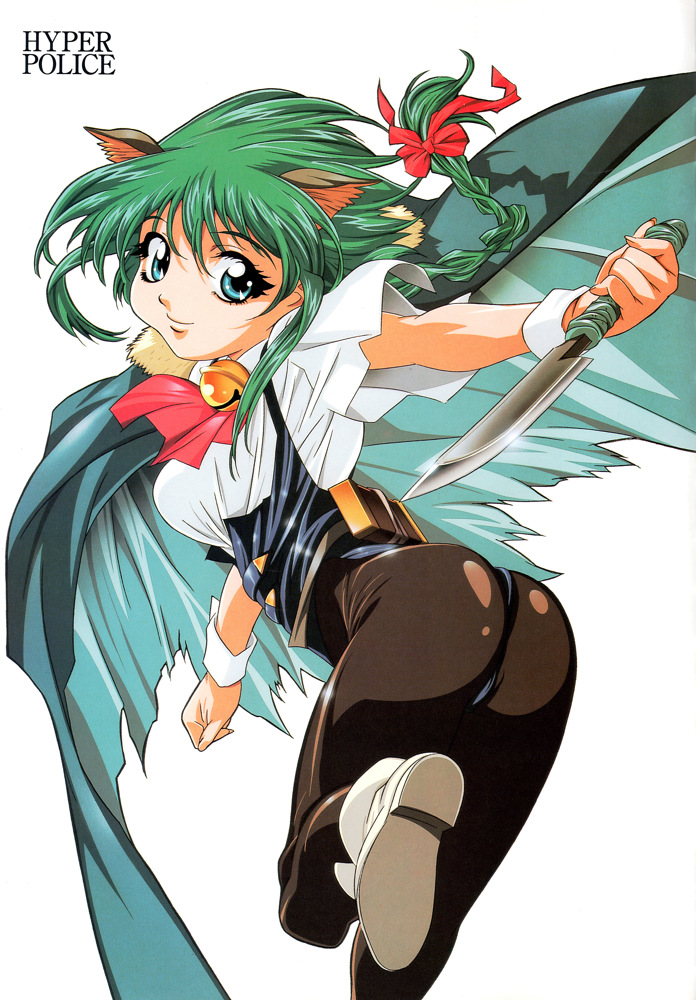90s, animal_ears, aqua_eyes, ass, bell, black_legwear, braid, cape