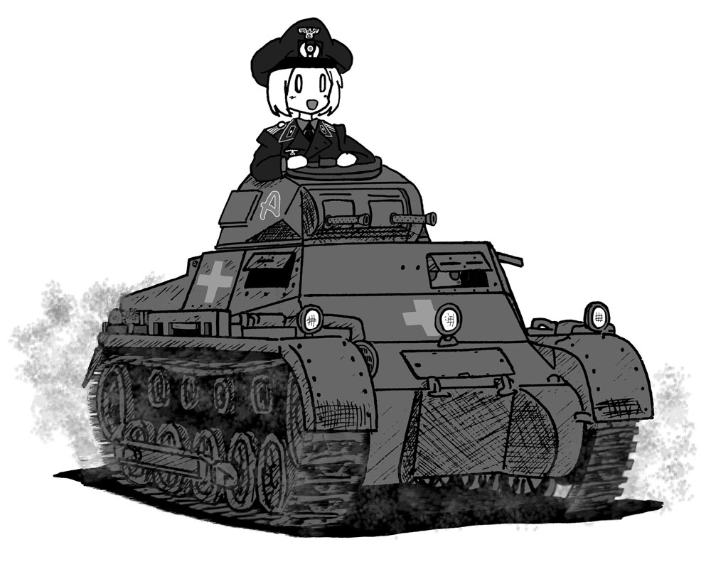 caterpillar_tracks, hat, military, military_uniform, military_vehicle, momoki_run, monochrome, panzerkampfwagen_i, tank, uniform, vehicle, world_war_ii, yasu_(86199), yasu_(luchs&amp;mardar)