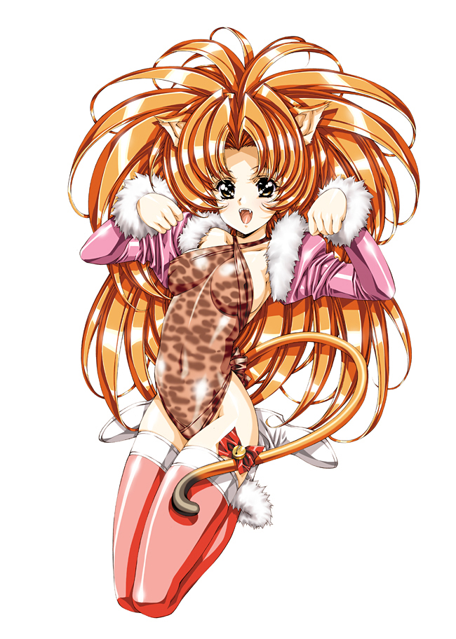 animal_ears, bell, bow, cat_ears, character_request, copyright_request, detached_sleeves, fangs, growlanser, growlanser_iv, jingle_bell, leona_(growlanser), long_hair, open_mouth, orange_hair, simple_background, solo, thigh-highs, thighhighs, urushihara_satoshi, white_background