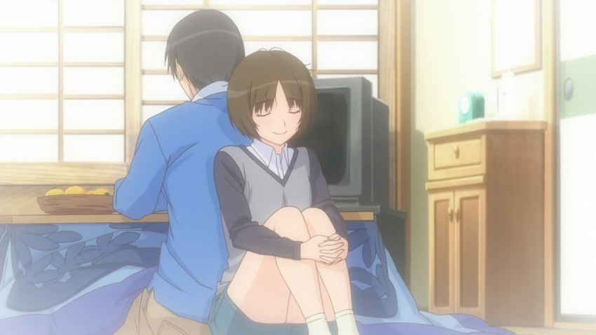 1girl, amagami, back-to-back, bob_cut, brother_and_sister, brown_hair, closed_eyes, denim_skirt, eyes_closed, food, fruit, hugging_legs, kotatsu, leg_hug, light_smile, mandarin_orange, messy_hair, peaceful, short_hair, shouji, siblings, sitting, sliding_doors, smile, sweater_vest, table, tachibana_jun'ichi, tachibana_jun'ichi, tachibana_miya, television