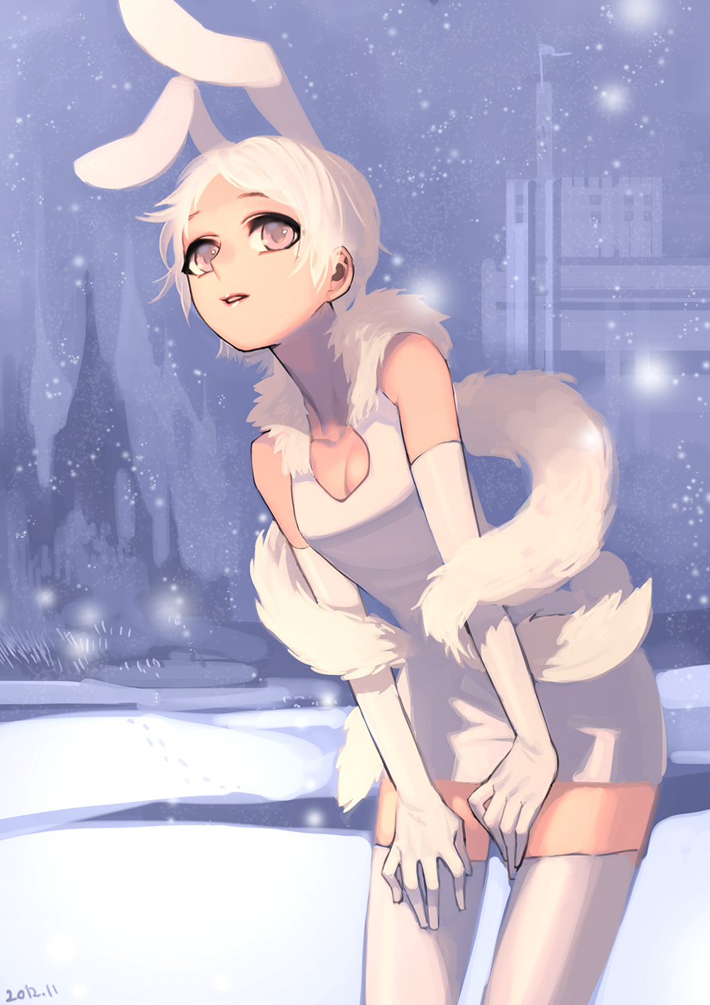 animal_ears, bare_shoulders, bunny_ears, elbow_gloves, erjung, gloves, highres, original, pink_eyes, rabbit_ears, shawl, short_hair, snow, snowing, solo, thigh-highs, thighhighs, white_hair, white_legwear