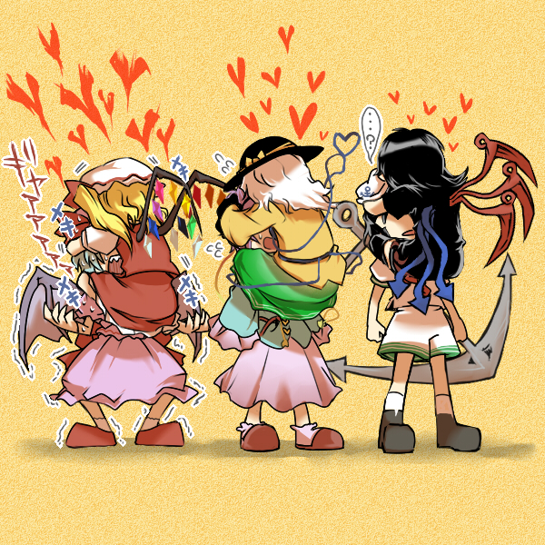 6+girls, anchor, black_hair, blonde_hair, blue_hair, boots, d_no, face_hug, flandre_scarlet, flying_sweatdrops, hat, heart, houjuu_nue, incest, komeiji_koishi, komeiji_satori, long_hair, multiple_girls, murasa_minamitsu, open_mouth, purple_hair, remilia_scarlet, short_hair, simple_background, skirt, slippers, touhou, trembling, white_hair, wings, yuri