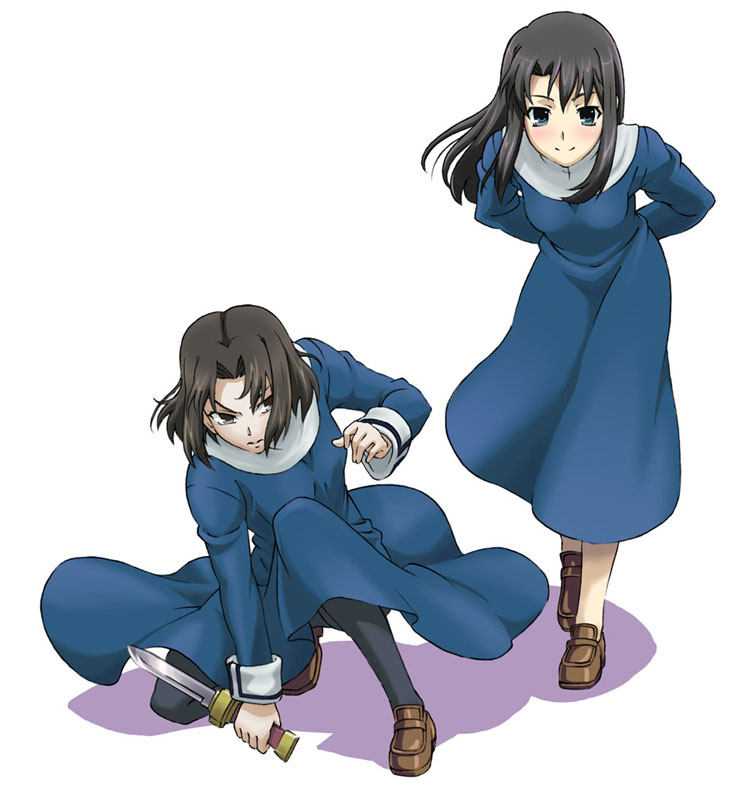 black_hair, blue_eyes, blush, kara_no_kyoukai, knife, kokutou_azaka, long_hair, maachin_(hmh-project), pantyhose, reverse_grip, ryougi_shiki, school_uniform, short_hair