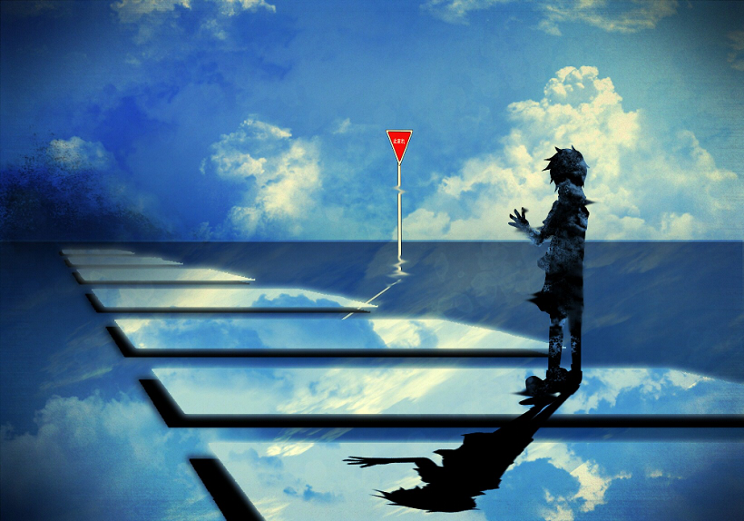 hibiya_(kagerou_project), kagerou_days_(vocaloid), kagerou_project, kurokii, reflection, shadow, sign, sky