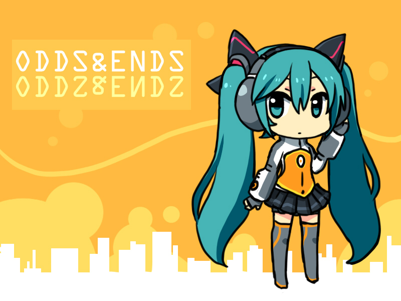 aqua_eyes, aqua_hair, chibi, hand_on_headphones, hatsune_miku, headphones, kuromine_nakatoki, long_hair, necktie, odds_&amp;_ends_(vocaloid), project_diva, project_diva_(series), project_diva_f, solo, thigh-highs, thighhighs, title_drop, twintails, very_long_hair, vocaloid