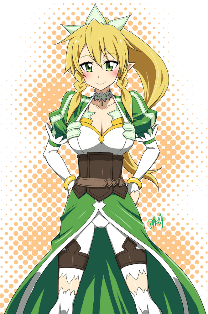 blonde_hair, blush, braid, breasts, cleavage, green_eyes, leafa, long_hair
