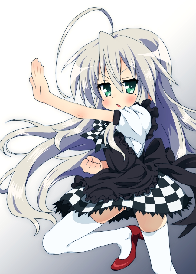 ahoge, apron, checkered, dress, green_eyes, haiyore!_nyaruko-san, izumi_konata, long_hair