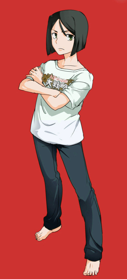 37suihan46, barefoot, black_hair, bob_cut, clothes_writing, crossed_arms, fate/zero, fate_(series), green_eyes, red_background, simple_background, solo, t-shirt, waver_velvet